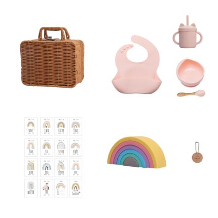 Baby Tableware 8PCS/Set Vintage Box Silicone Bib Cat Cup Silicone Bowl Spoon Baby Rattle Non-Slip Crockery BPA Free Baby Product